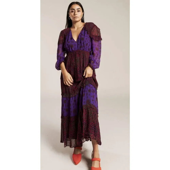 BA&SH Floral  Paris Gypsy Bohemian Midi V Neck Dress SIZE 4 NWT - Picture 1 of 12